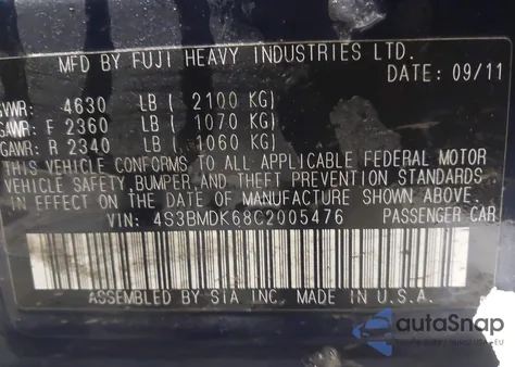 2012 Subaru Legacy 3.6R Limited z USA, uszkodzony, nr VIN 4S3BMDK68C2005476